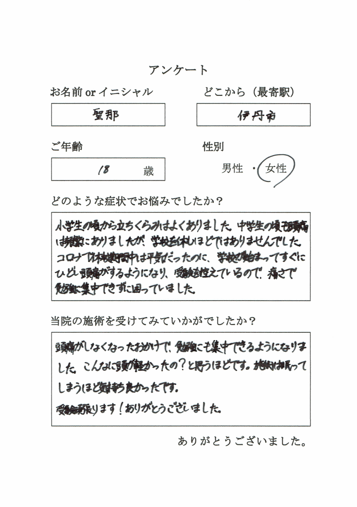 伊丹から高校生が起立性調節障害で来院されました。